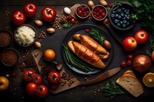 comidas en un negro mesa con pan, verduras, y otro ingredientes. generado por ai foto