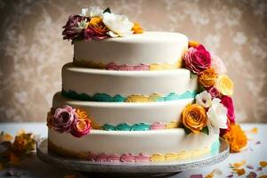 a three layer cake with colorful flowers on top. AI-Generated photo