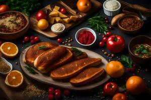 an assortment of breads, vegetables and other ingredients. AI-Generated photo