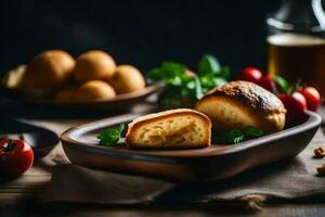 bread with cheese and tomatoes on a wooden plate. AI-Generated photo