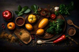 various vegetables and spices on a wooden table. AI-Generated photo