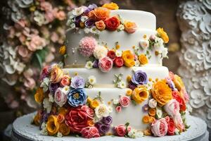 un Boda pastel con vistoso flores en cima. generado por ai foto