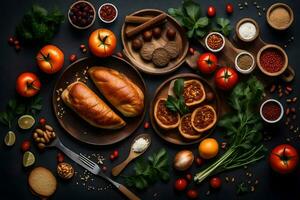 various foods including bread, vegetables and spices. AI-Generated photo