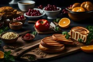 food on a table with bread, fruit and other items. AI-Generated photo