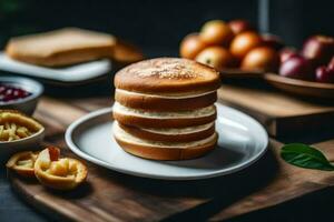 a stack of pancakes on a plate with apples and other ingredients. AI-Generated photo