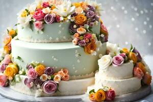 a three tiered cake with colorful flowers. AI-Generated photo