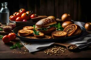 un plato con un hamburguesa, un pan y Tomates. generado por ai foto