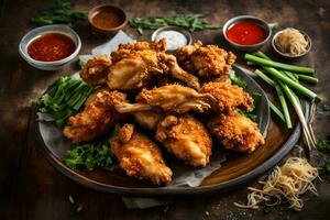 fried chicken wings on a wooden table. AI-Generated photo