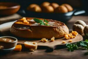 a loaf of bread with cheese and herbs on a wooden table. AI-Generated photo