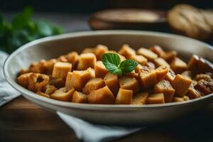 a bowl of potato salad with a sprig of mint. AI-Generated photo