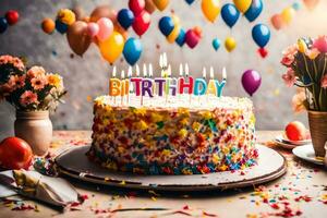 a birthday cake with candles and balloons. AI-Generated photo