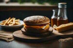 un hamburguesa y papas fritas en un de madera mesa. generado por ai foto