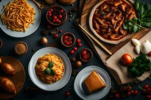 various types of pasta and other foods on a table. AI-Generated photo