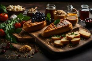 foods on a wooden board. AI-Generated photo