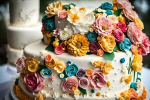 a wedding cake with colorful flowers on top. AI-Generated photo