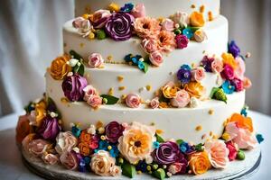 a wedding cake with colorful flowers on top. AI-Generated photo