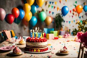 cumpleaños pastel con velas en parte superior de él. generado por ai foto