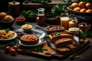 un mesa con comida y bebidas en él. generado por ai foto