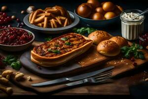 a variety of food on a wooden cutting board. AI-Generated photo