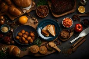 various foods on a table, including bread, meat, cheese and other ingredients. AI-Generated photo