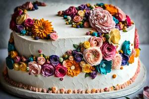 a cake decorated with colorful flowers. AI-Generated photo