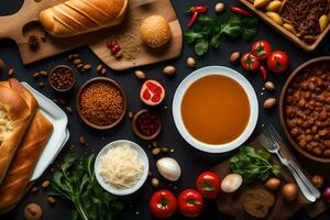 a variety of food including bread, soup, and other ingredients. AI-Generated photo