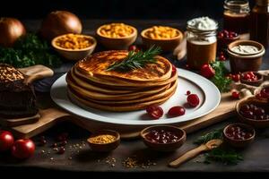 pancakes with toppings on a wooden table. AI-Generated photo