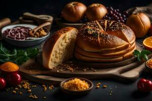 bread on a cutting board with other ingredients. AI-Generated photo