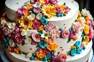 un pastel decorado con vistoso flores generado por ai foto