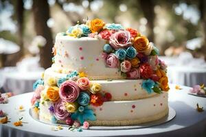 a three tiered cake with colorful flowers on top. AI-Generated photo