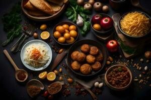 various foods including meatballs, cheese, bread and other ingredients. AI-Generated photo