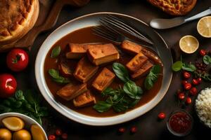 turco comida con pan, Tomates, y especias generado por ai foto