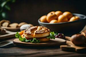 a sandwich with cheese and bread on a wooden cutting board. AI-Generated photo