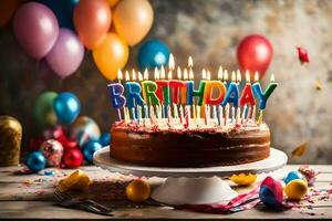 un cumpleaños pastel con velas en parte superior de él. generado por ai foto