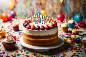 a birthday cake with candles on top. AI-Generated photo