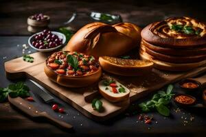 various types of breads and other foods on a cutting board. AI-Generated photo