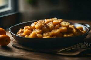 a bowl of baked potatoes on a table next to oranges. AI-Generated photo