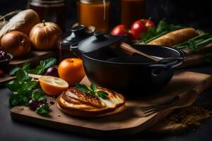 food on a wooden table with a frying pan, bread and vegetables. AI-Generated photo