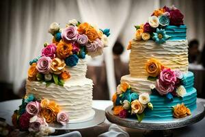 two wedding cakes with colorful flowers on top. AI-Generated photo