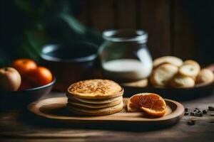 pancakes and oranges on a wooden table. AI-Generated photo