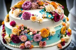 a wedding cake with colorful flowers on top. AI-Generated photo