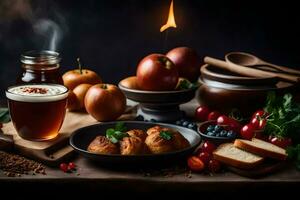 the food is on a table with a candle, apples, bread, and a cup of tea. AI-Generated photo