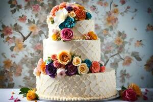 a three tiered cake with colorful flowers on top. AI-Generated photo