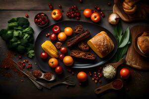 a table with various foods including bread, vegetables and other ingredients. AI-Generated photo