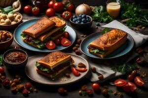 a variety of sandwiches and other foods on a table. AI-Generated photo