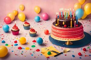 un cumpleaños pastel con velas y globos generado por ai foto