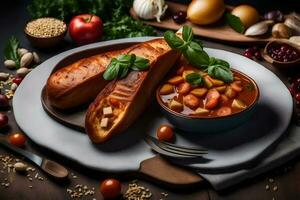 the food is served on a plate with bread and vegetables. AI-Generated photo