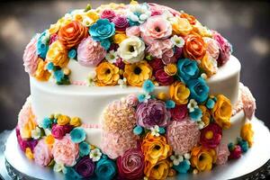 a cake decorated with colorful flowers. AI-Generated photo