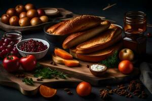 a table with bread, apples, oranges and other foods. AI-Generated photo