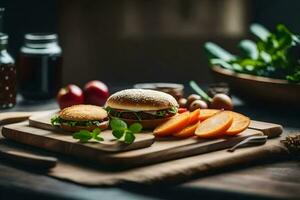 a wooden cutting board with a burger and vegetables. AI-Generated photo